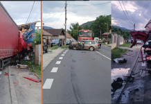 Accident cu două tiruri și un autoturism. Doi răniți