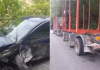 Un autoturism a intrat sub o platformă de lemne, în Defileul Jiului. Doi răniți