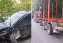 Un autoturism a intrat sub o platformă de lemne, în Defileul Jiului. Doi răniți