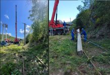 VIDEO/ De noaptea minții! Stâlp de electricitate, montat pe calea ferată ce deservește Uzina Mecanică Sadu
